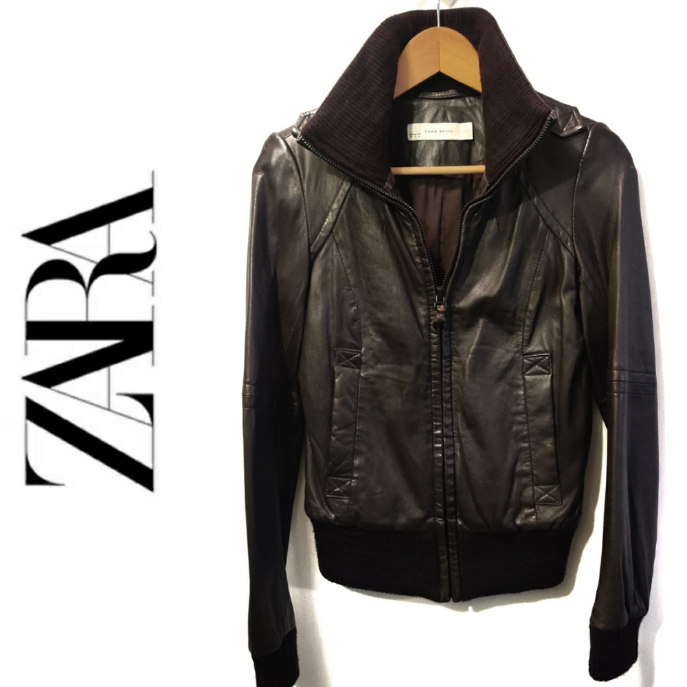 Zara Dark Brown Leather Bomber Jacket